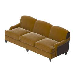 Mustard yellow velvet sofa in isometric view, 3D render isolated on transparent background.