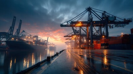 Obraz premium Dusk at a Modern Shipping Port with Cranes and Reflections