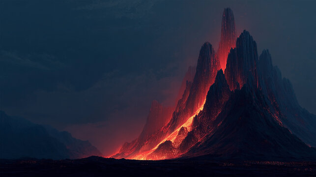 A mountain with a volcano on top and a lava flow