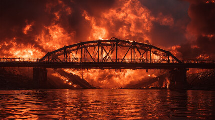 Naklejka premium A bridge is on fire and the water is orange