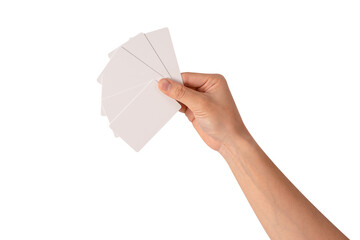 Hand holding blank white smart cards isolated on transparent PNG. Concept for business, technology...