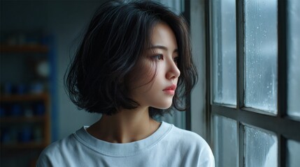 Casual portrait of introspective woman in modern apartment, exploring emotional complexity and inner calm Image 4K UHD