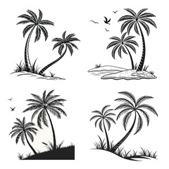 Fototapeta premium Tropical palm tree silhouette on a beach with sunset and ocean view vector illustration