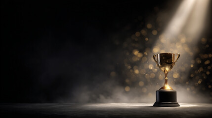 Glowing Gold Trophy on Velvet Podium with Dramatic Spotlight and Subtle Bokeh 