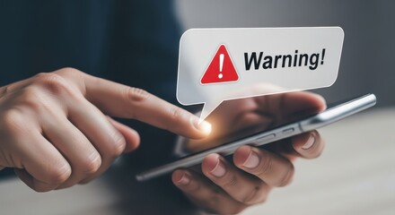 Photo of a person receives a prominent warning notification on their smartphone, indicated by a red exclamation mark in a speech bubble