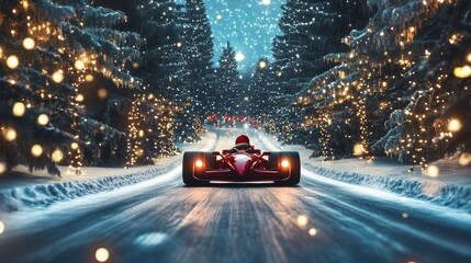Red race car drives through a snowy Christmas forest at night.