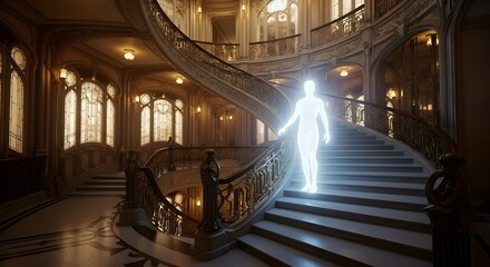 Glowing Figure Ascends Staircase with a shadow