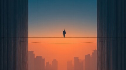 Fototapeta premium Solo Figure Balancing on Tightrope Against Vibrant Urban Sunset