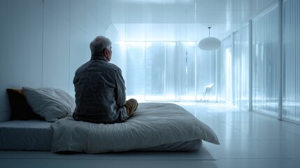 Elderly man seated in peaceful blue-toned bedroom with window light, representing mental clarity and solitude Image 4K UHD