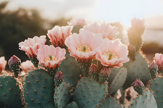 a cactus plant with pink flowers in the sun