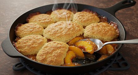 Steaming peach cobbler in a cast iron skillet with biscuits and a spoon taking a serving out of it