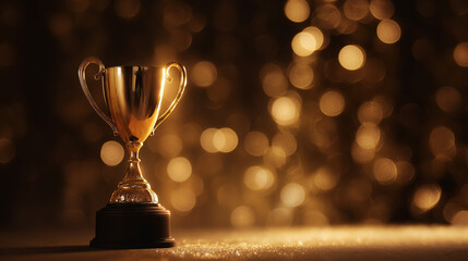 Glowing Gold Trophy on Velvet Podium with Dramatic Spotlight and Subtle Bokeh 