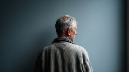 Senior man in profile against deep-toned wall, symbolizing solitude and emotional resilience in aging Image 4K UHD