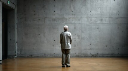 Solitary elderly figure facing empty concrete wall, capturing emotional stillness and aging solitude Image 4K UHD