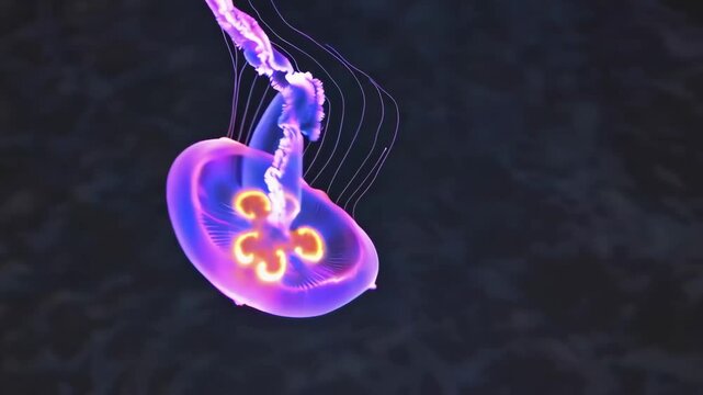 Glowing jellyfish with neon tentacles floating in dark ocean water, mesmerizing marine biology animation loop of bioluminescent sea creature