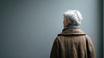 Elderly woman viewed from behind in soft blue tones, capturing emotional quiet and mindful solitude Image 4K UHD