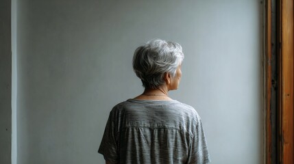 Older woman with short hair standing in calm indoor space, symbolizing self-awareness and graceful solitude Image 4K UHD