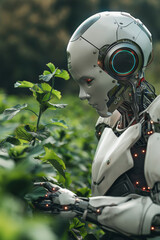 Female humanoid robot in a field. Autonomous farming or smart agriculture concept for future technology.