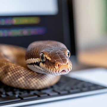Snake coiled on a digital workspace: Python, Reptile, and Technology Closeup