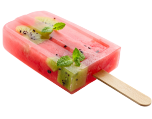 Red popsicle with kiwi slices and mint on transparent background