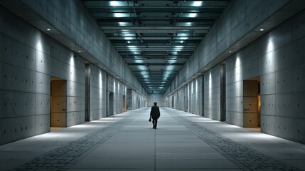 Silhouetted figure in narrow modern hallway with vanishing point, depicting emotional detachment and introspection Image 4K UHD