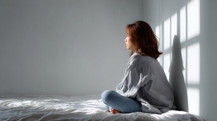 Young woman sitting quietly on the floor in sunlight, expressing emotional vulnerability and inner healing Image 4K UHD
