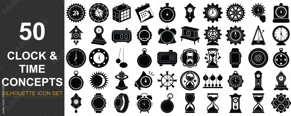 Poster silhouette of classic analog and digital clock indicating time concepts isolated on transparent back