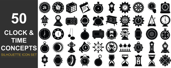 Silhouette of classic analog and digital clock indicating time concepts isolated on transparent background