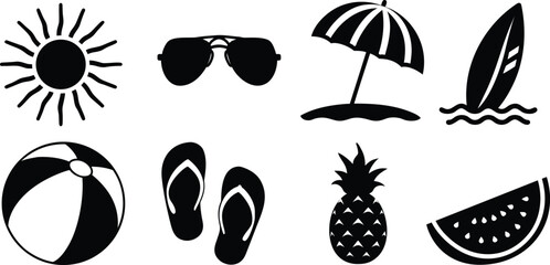 Summer Essentials Silhouette Icons – Beach Holiday Clipart Pack