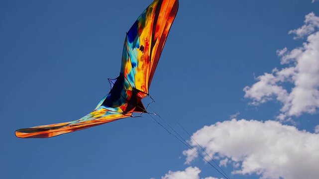 Colorful kite flying high in blue sky with scattered white clouds, vibrant outdoor recreation moment captured against summer daylight backdrop