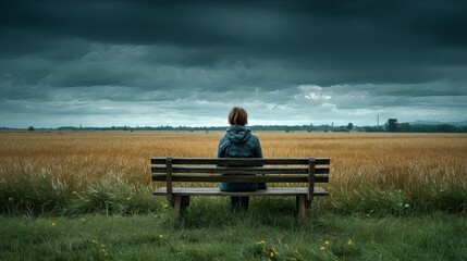 Individual sitting alone on bench surrounded by tall grass, capturing emotional stillness and personal retreat Image 4K UHD