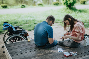 A couple sits on a wooden platform near nature surroundings, engaging in a card game together,...