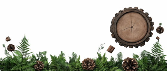 Rustic wooden clock surrounded by pine cones and lush green ferns on a dark background