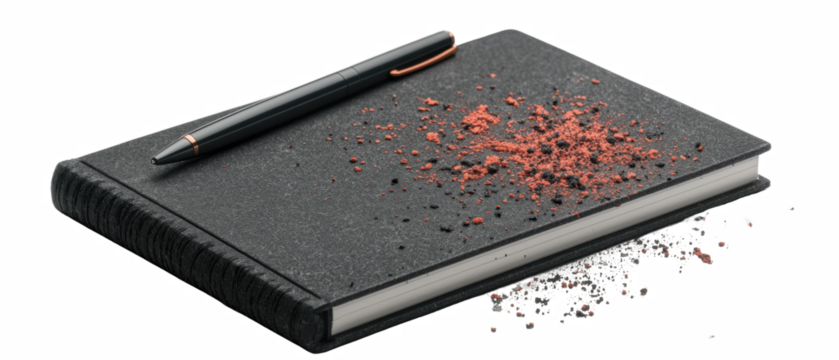 Black notebook with scattered red powder and a sleek pen showing creative chaos in workspace