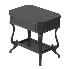 Classic black side table in isometric view, 3D render isolated on transparent background.