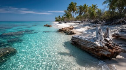 Obraz premium Serene Tropical Beach with Clear Water and Palm Trees in Paradise