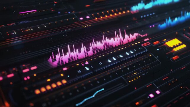 A DAW UI design on black, timeline, waveforms, Generative AI Videos.