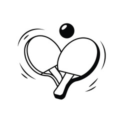 Two crossed ping pong paddles with a ball in motion