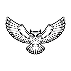 Detailed line art of an owl in flight with wings spread wide