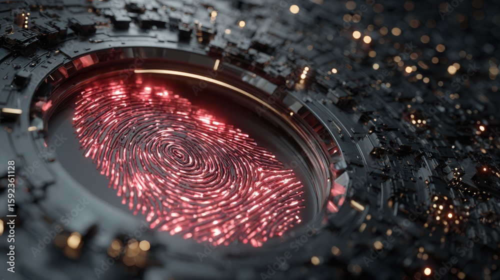 Wall mural futuristic fingerprint design with circuit patterns and neon lights