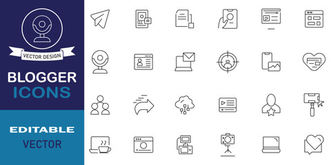 Blogger icon set in line style. Set of 24 icons related to social media, video equipment, blog, social media, followers, content, creation, digital marketing and more symbol. Vector illustration.