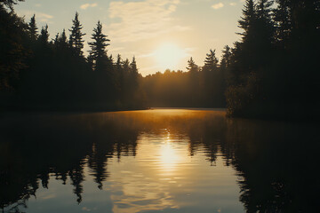 Fototapeta premium a lake with a boat in it and the sun setting