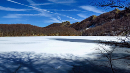 The snow-covered Lago Santo Parmense in Parma apennines