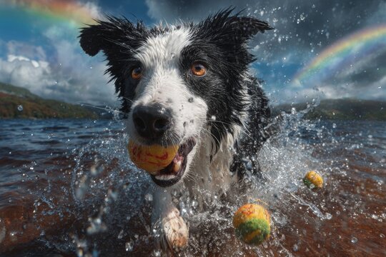 Border collie plays joyfully with water toys under rainbow sky. Dog hydrotherapy. Keep dogs cool and safe during summer with vet's top swimming advice. Fun pet activities. Summer pet care.
