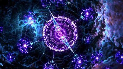 Futuristic glowing clock rotating in deep space surrounded by purple energy, abstract sci-fi concept of time travel and quantum physics - Powered by Adobe