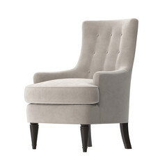 Beige tufted armchair in perspective view, 3D render isolated on transparent background.