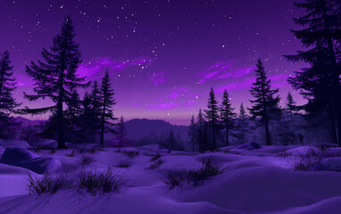 Winter night mountain landscape with snow and trees under a glowing purple starry sky. Nature scene for background or nature concept.