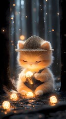 A fluffy red cat in a straw hat and overalls carefully collects small fireflies in a dark forest