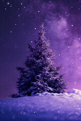 Snow-covered fir tree on a winter night with falling snow under a vibrant purple sky. Christmas and New Year festive concept.