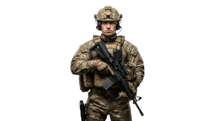 A armed soldier in camouflage uniform. featuring soldier, military, army. This image is ideal for use in various financial contexts.